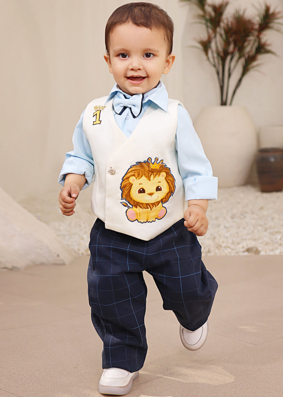 Blue Cotton Shirt With Off White Motif Embroidered Sleeveless Waistcoat Set