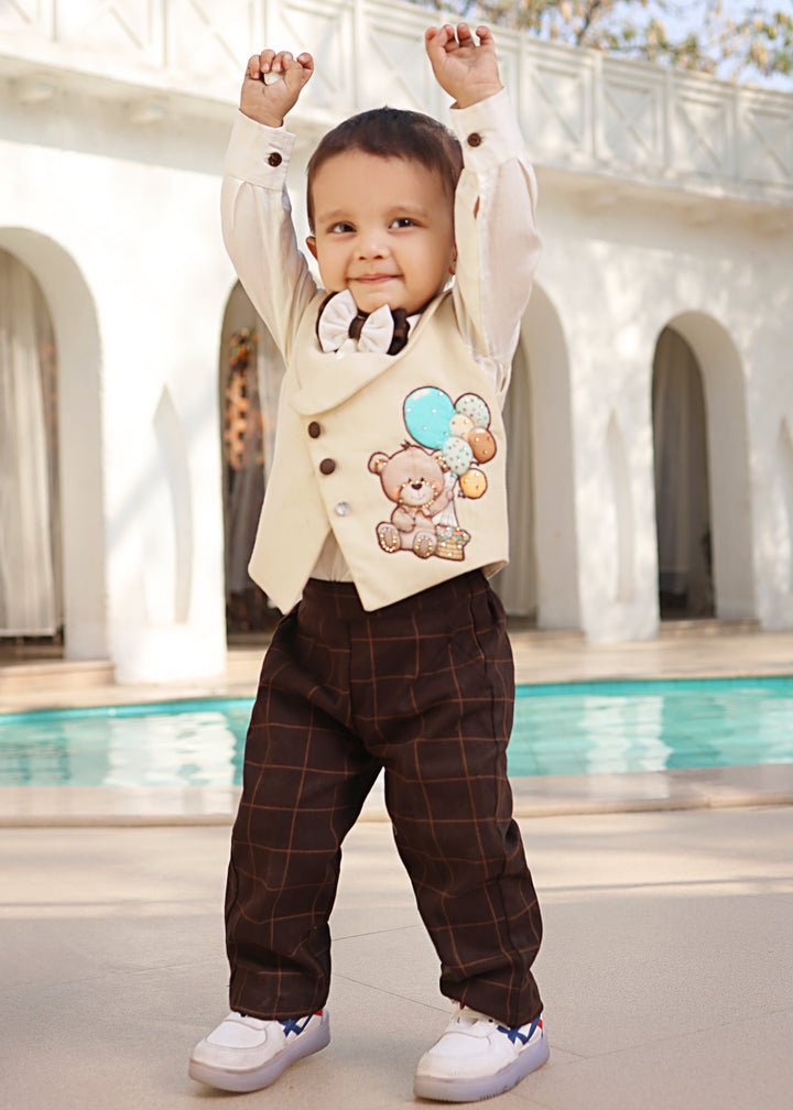 Off White Cotton Shirt With Beige Motif Embroidered Sleeveless Waistcoat Set