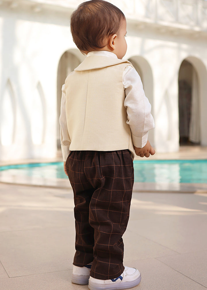 Off White Cotton Shirt With Beige Motif Embroidered Sleeveless Waistcoat Set