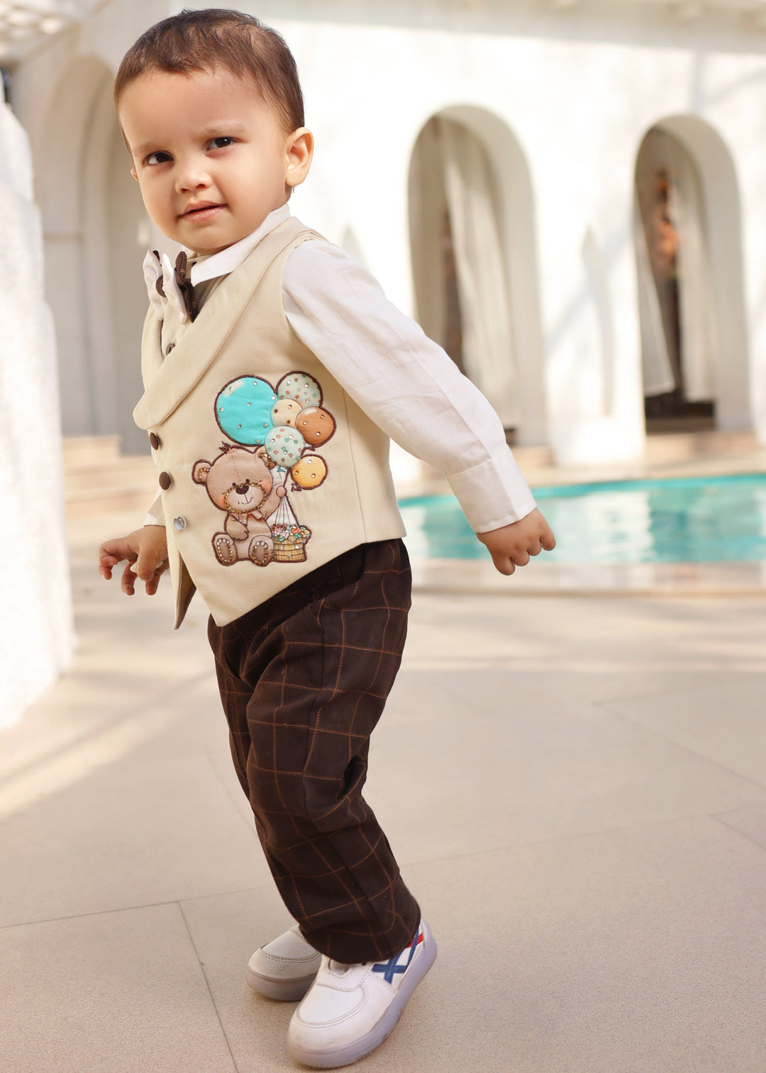 Off White Cotton Shirt With Beige Motif Embroidered Sleeveless Waistcoat Set