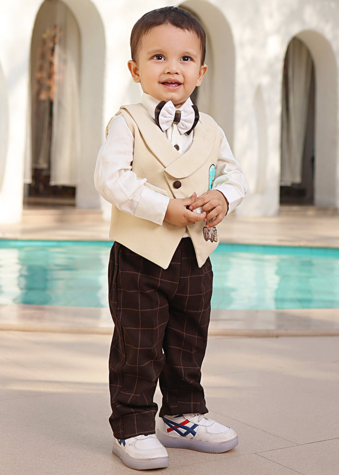 Off White Cotton Shirt With Beige Motif Embroidered Sleeveless Waistcoat Set