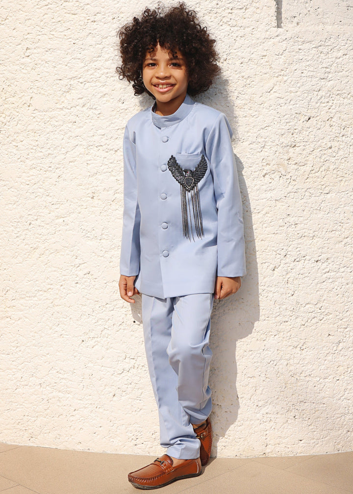 Blue Eagle Motif Bandgala With Pant Set