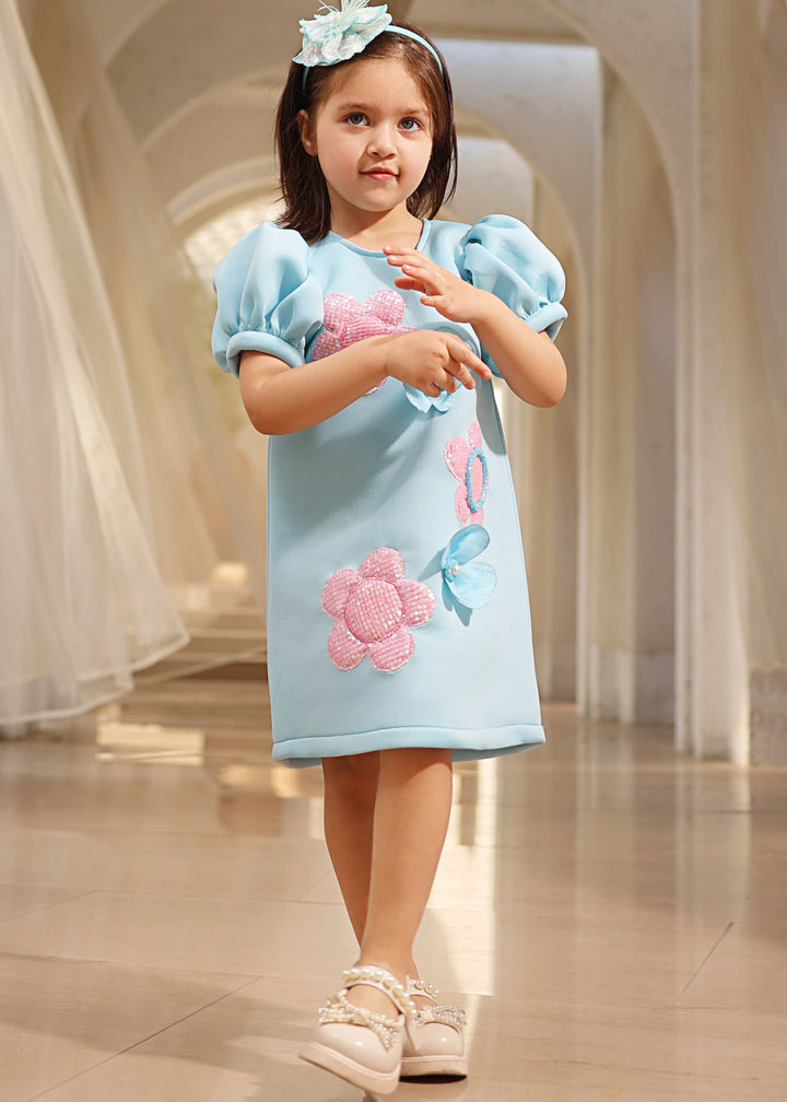 Blue Neoprene Hand made Sequence 3D Flowers Dress