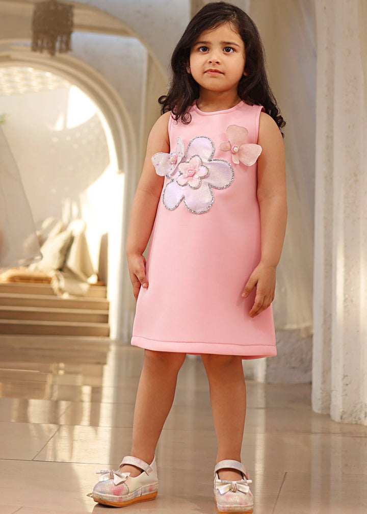 Baby Pink Neoprene Hand made Sequence 3D Flowers Dress