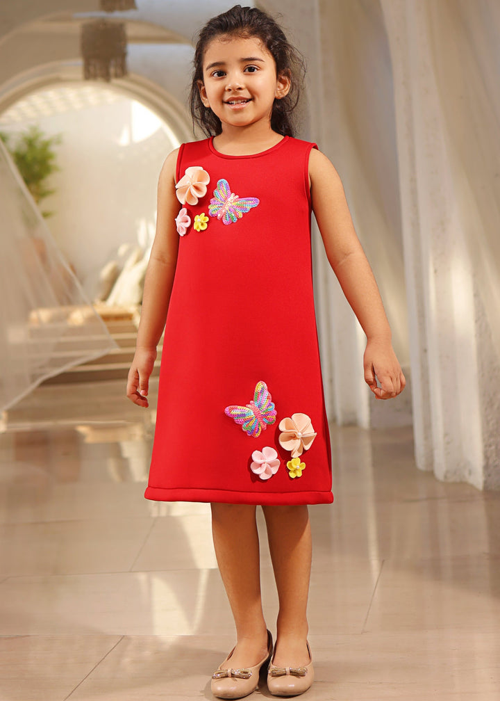 Red Neoprene 3D Butterfly Sequence Dress
