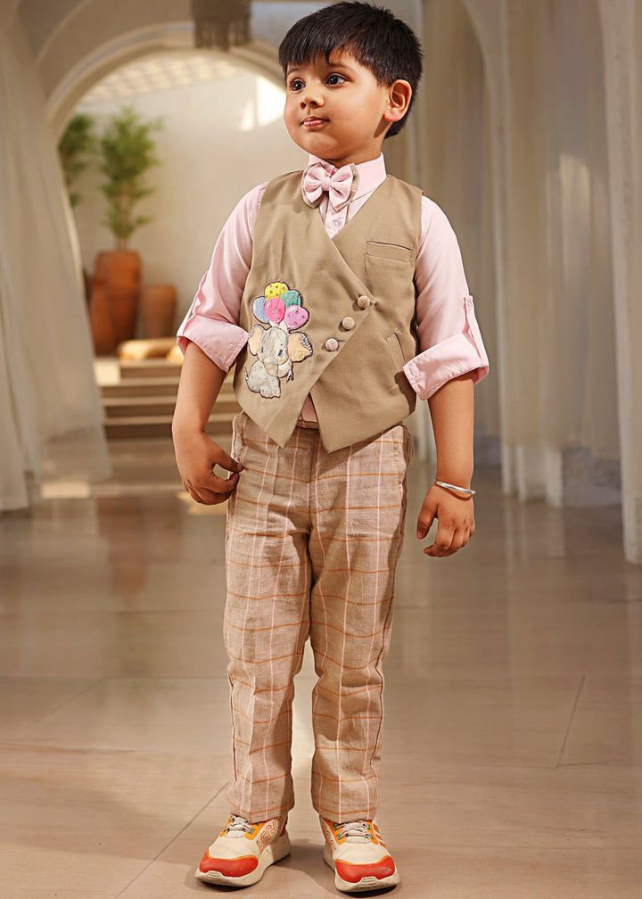 Beige Elephant Motifs Waist Coat With Shirt And Pant Set