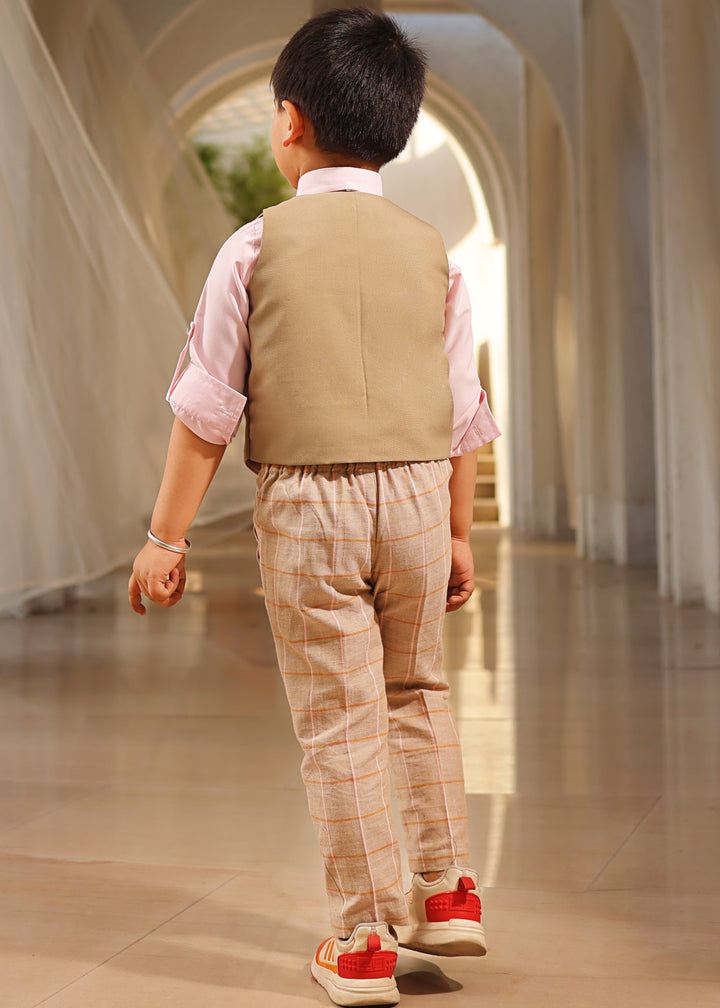 Beige Elephant Motifs Waist Coat With Shirt And Pant Set