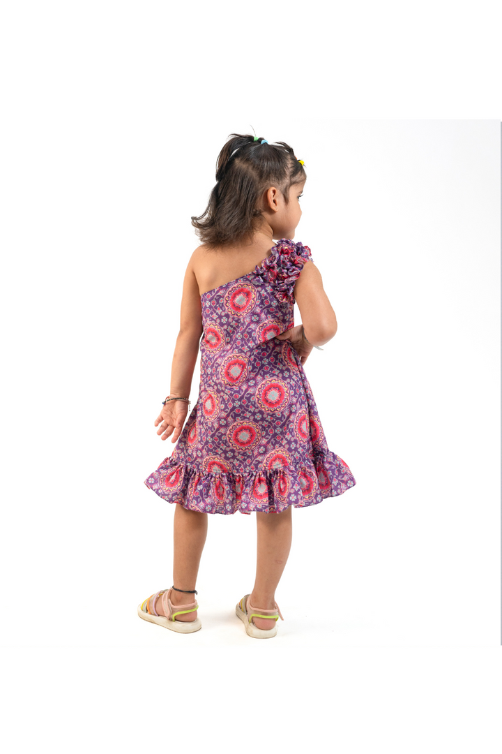 Purple Floral Asymmetrical Muslin Ruffle Dress