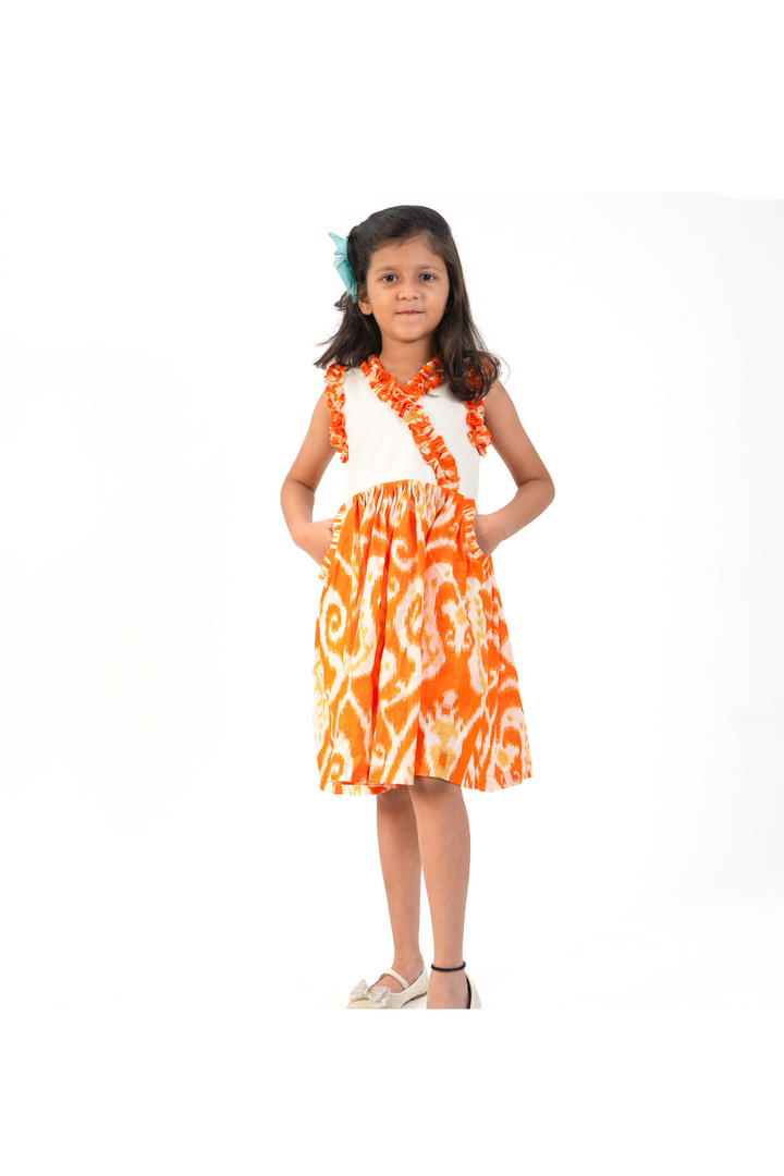 Orange Floral Printed Cotton Sleeveless Dress