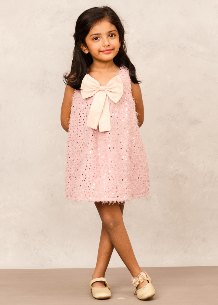 Old Rose Sequence With Bow Detailing A Line Dress
