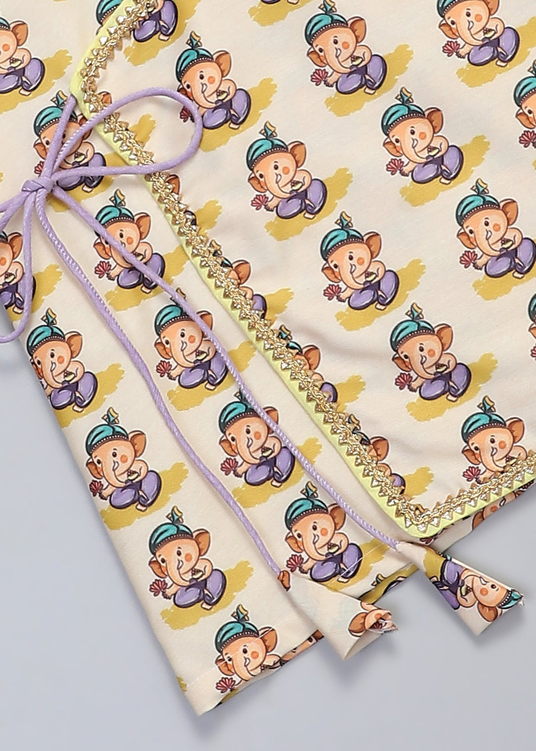 Off White Ganpati Printed Kurta With Yellow Dhoti Set