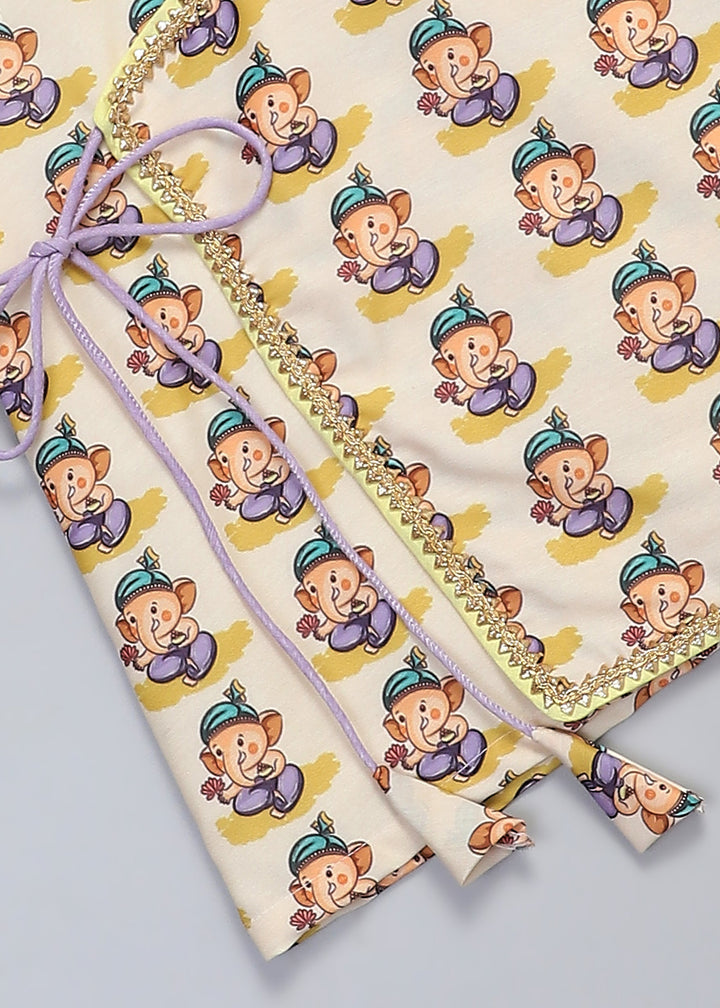 Off White Ganpati Printed Kurta With Yellow Dhoti Set