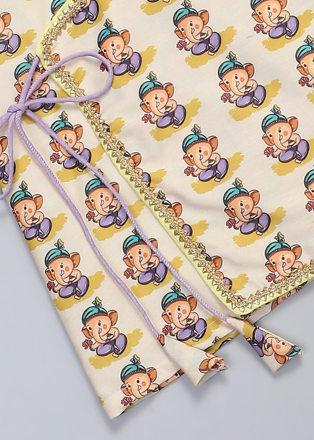 Off White Ganpati Printed Kurta With Yellow Dhoti Set