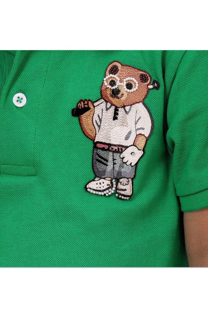 Green Hand Embroidered Teddy Bear Polo T-shirt