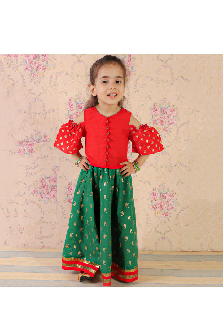 Red Printed Polyester Top With Ghaghra Set