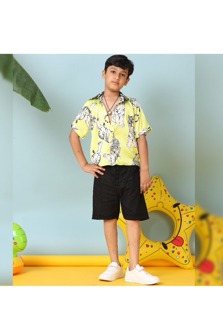 Neon Green Leopard Printed Satin Shirt With Short Set