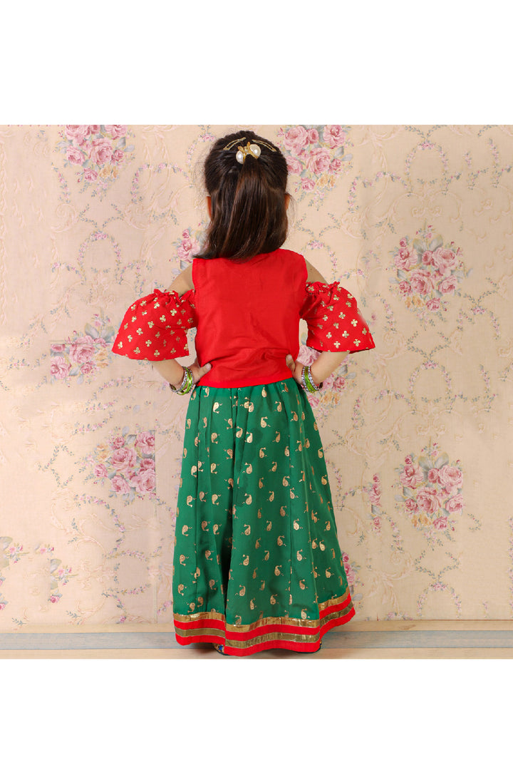 Red Printed Polyester Top With Ghaghra Set