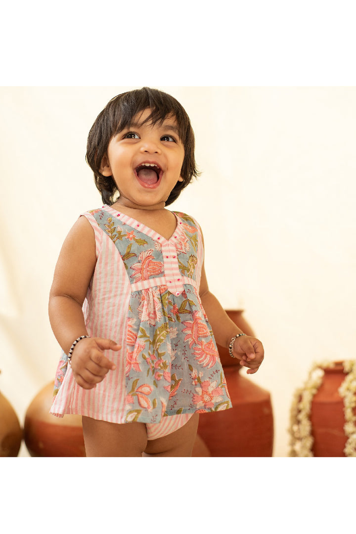 Blue And Pink Floral Printed Pure Cotton Dress With Bloomer