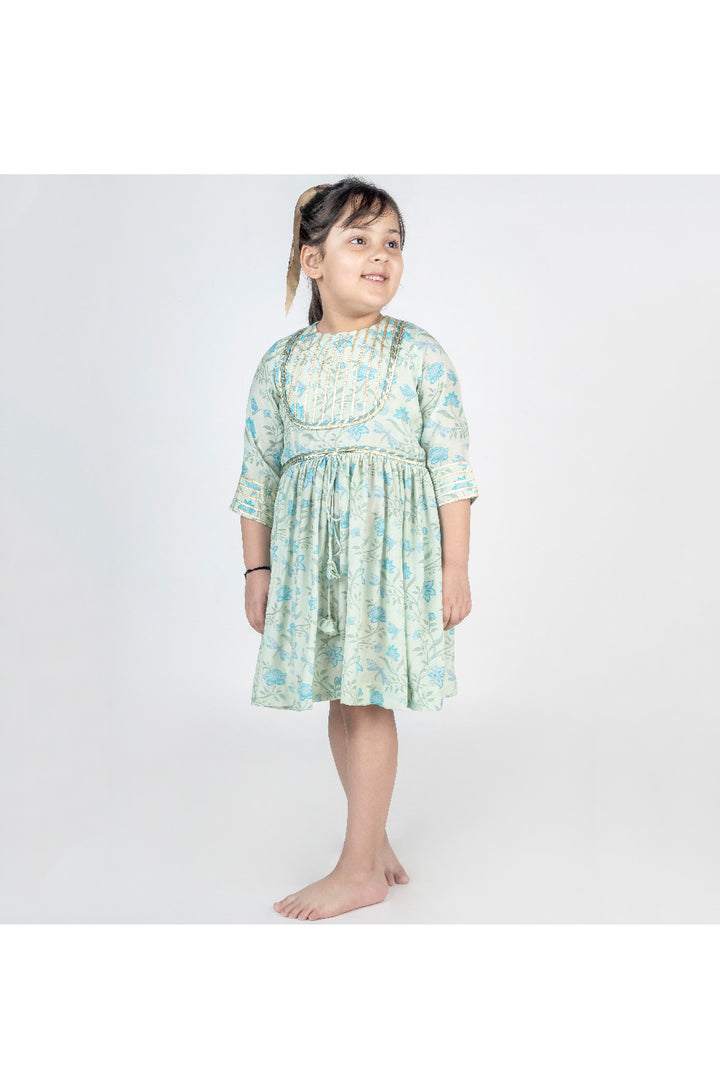Green Floral Printed Muslin Dress