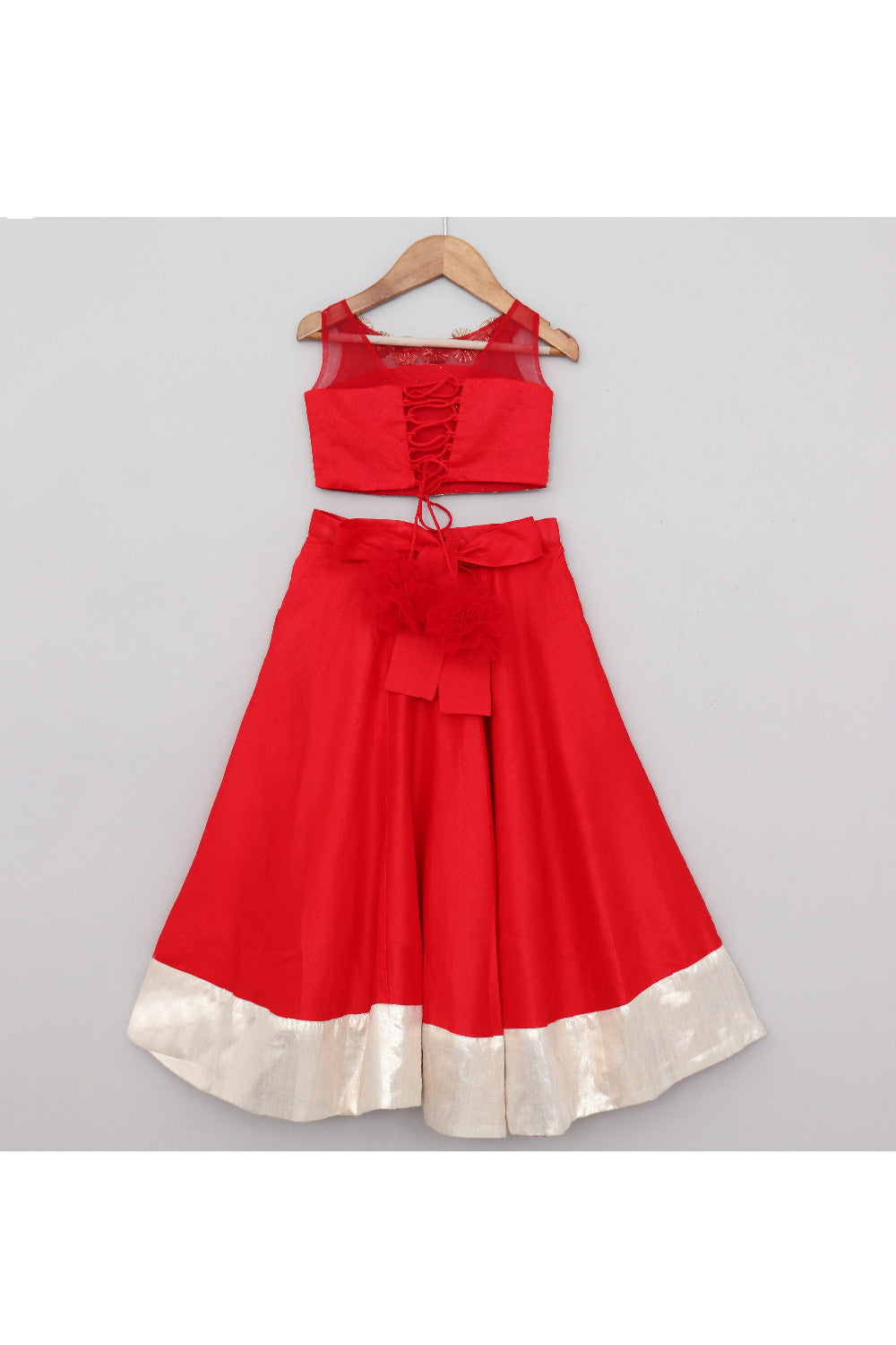 Red Lace And Flower Detailing Sleeveless Top With Lehenga And Set