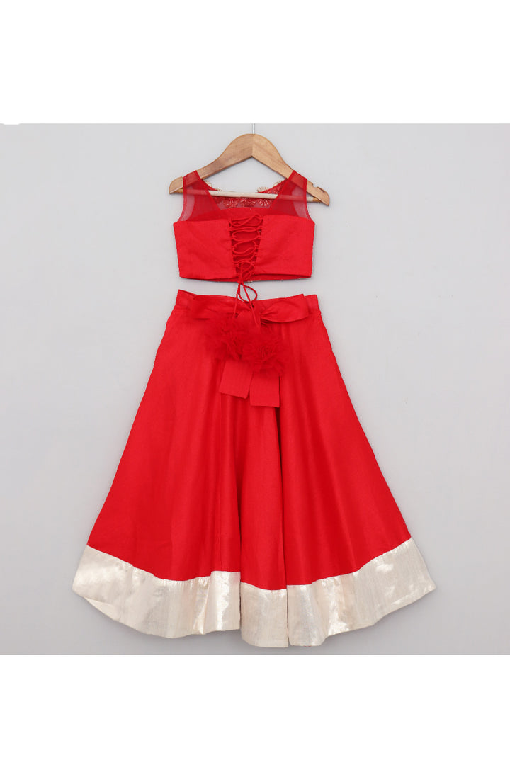 Red Lace And Flower Detailing Sleeveless Top With Lehenga And Set