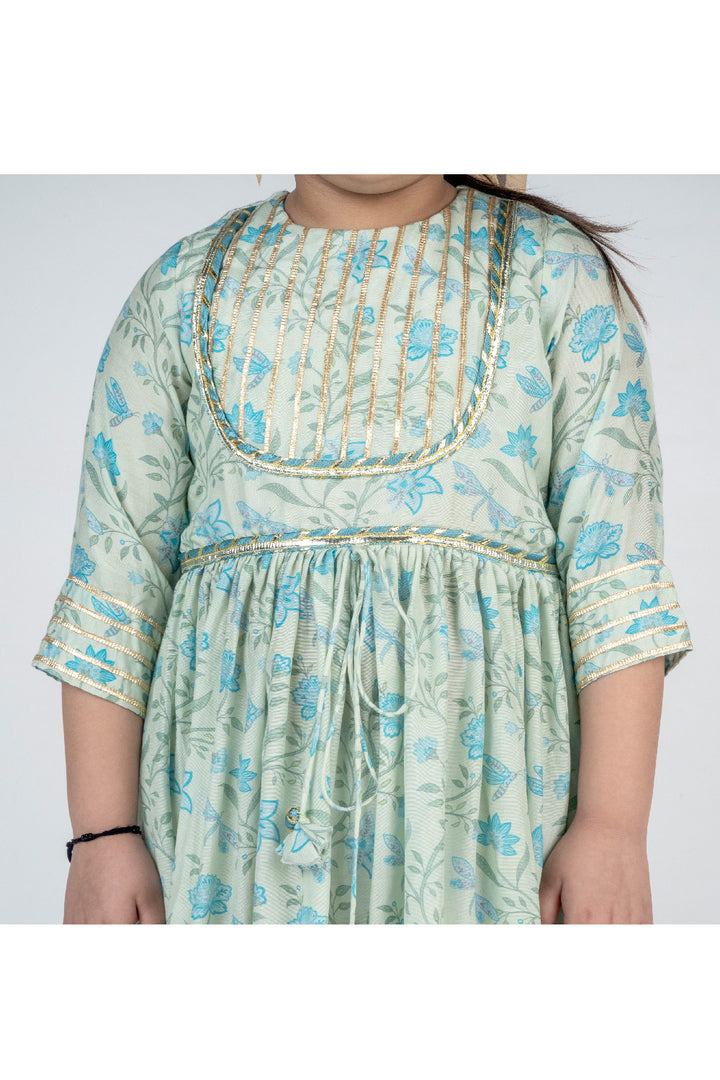 Green Floral Printed Muslin Dress