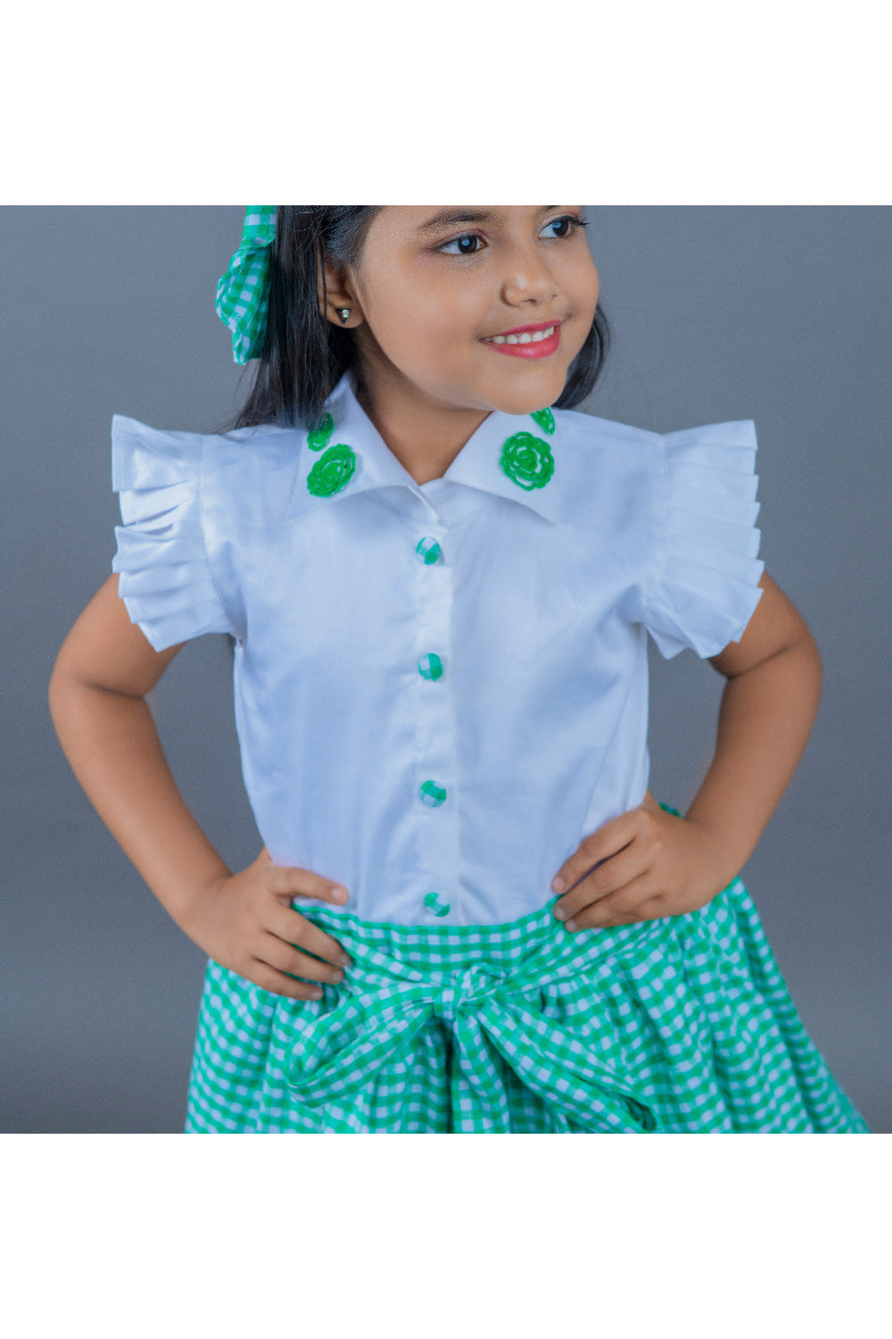 White And Green Check Printed Pure Cotton Dress