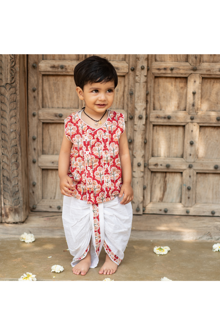 Red Floral Printed Cotton Jamna Set For Boys
