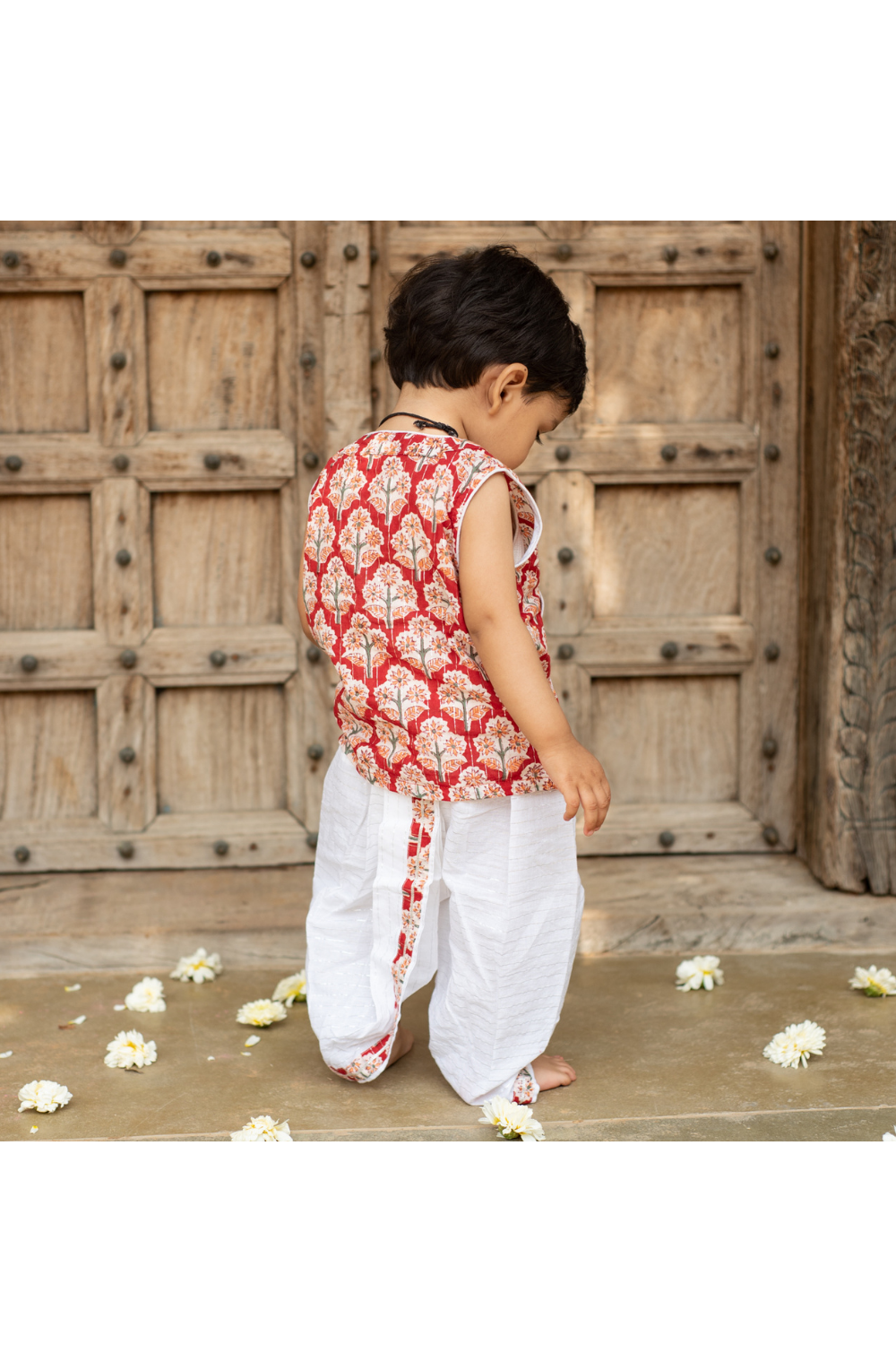 Red Floral Printed Cotton Jamna Set For Boys