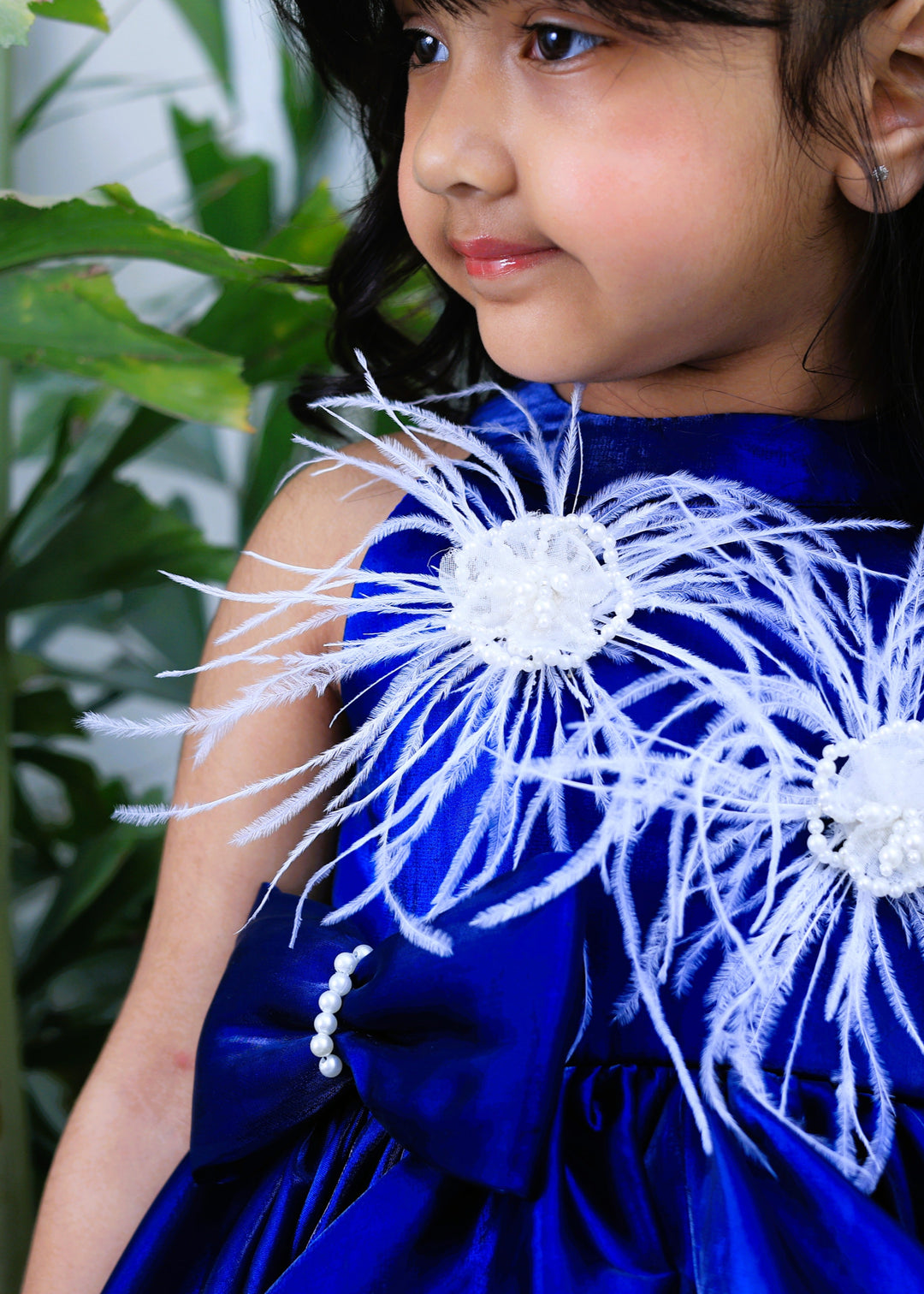 Blue Ostrich Feather Detailing High Low Dress