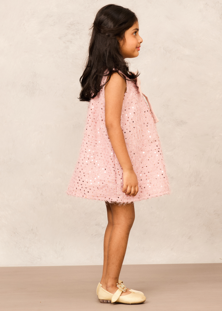 Old Rose Sequence With Bow Detailing A Line Dress
