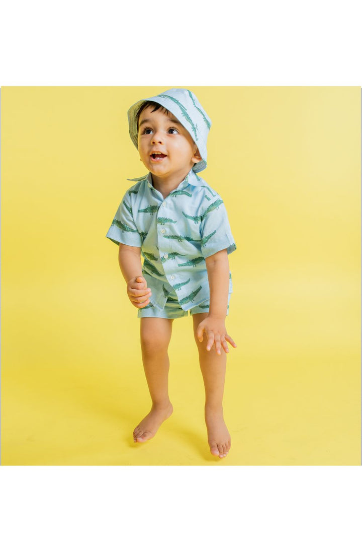 Blue Digital Printed Crocodile Motif Cord Set