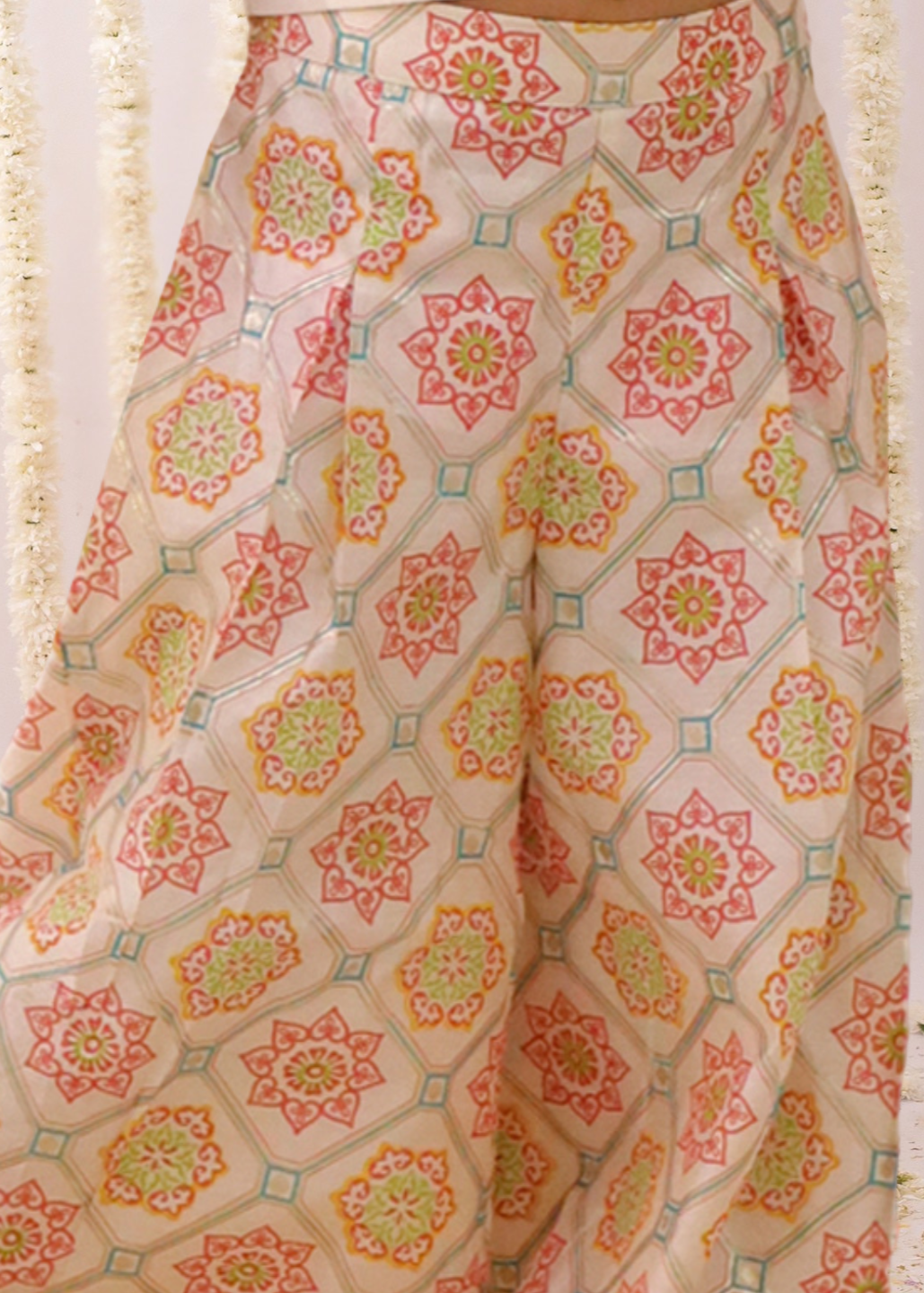 Mishti Off White Geometric Printed Top With Palazzo Set