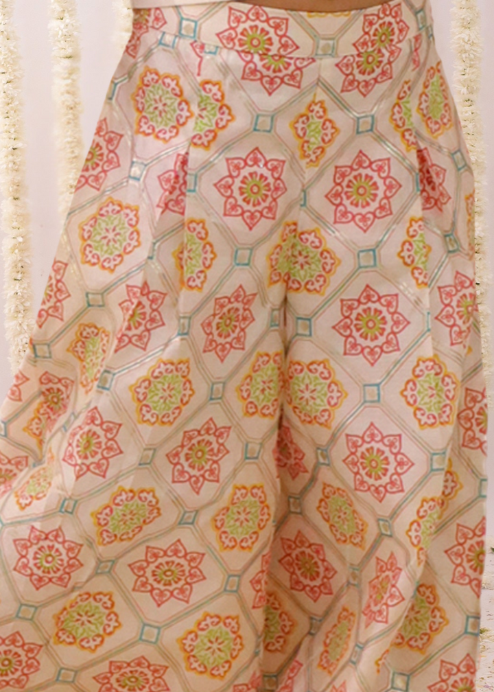 Mishti Off White Geometric Printed Top With Palazzo Set