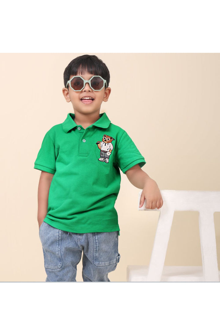 Green Hand Embroidered Teddy Bear Polo T-shirt
