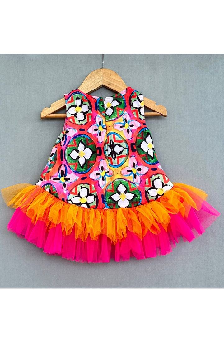 Multicolour Abstract Printed Dress With Colourful Frills
