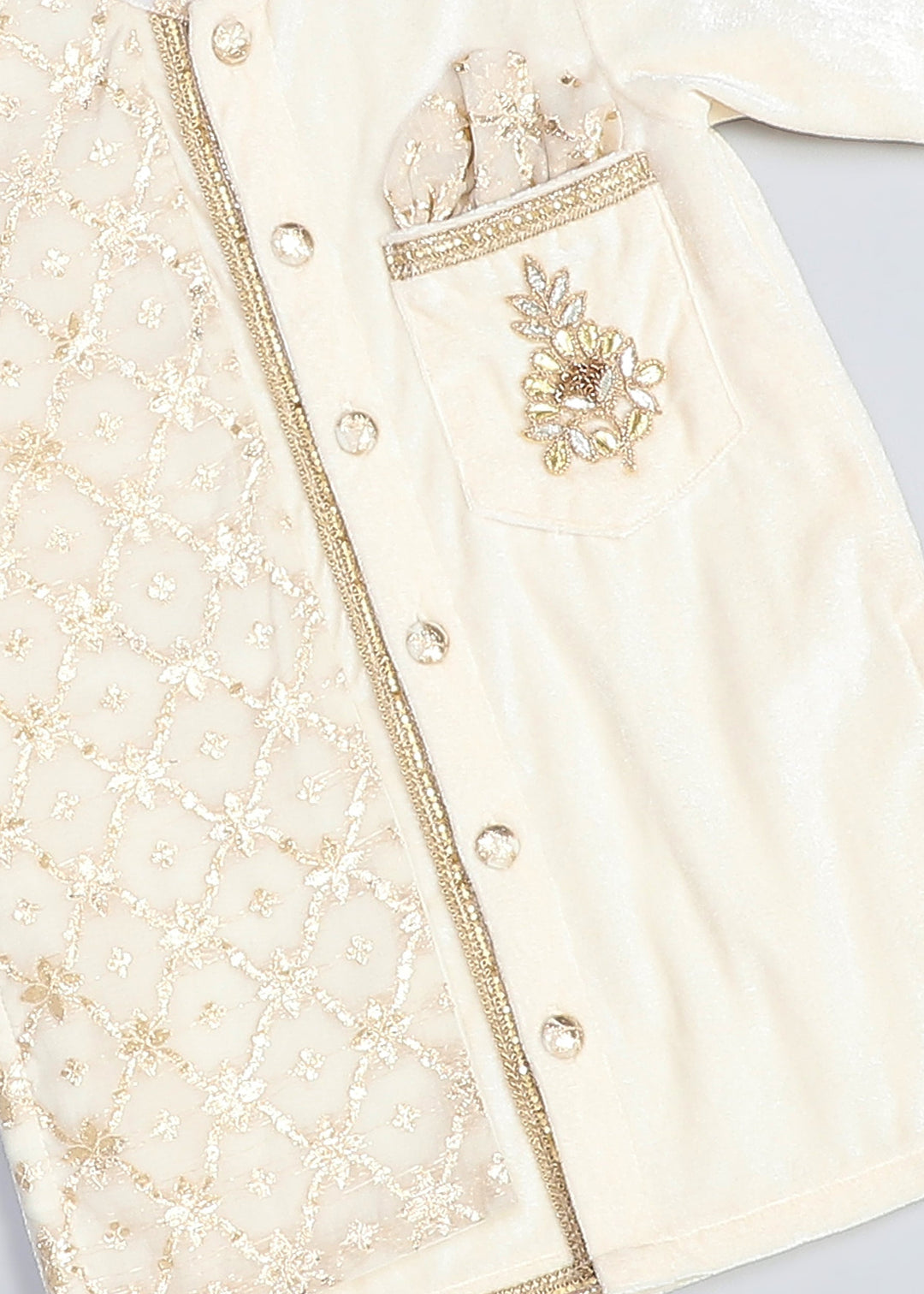 Off White Velvet Kurta With Chanderi Panel Set