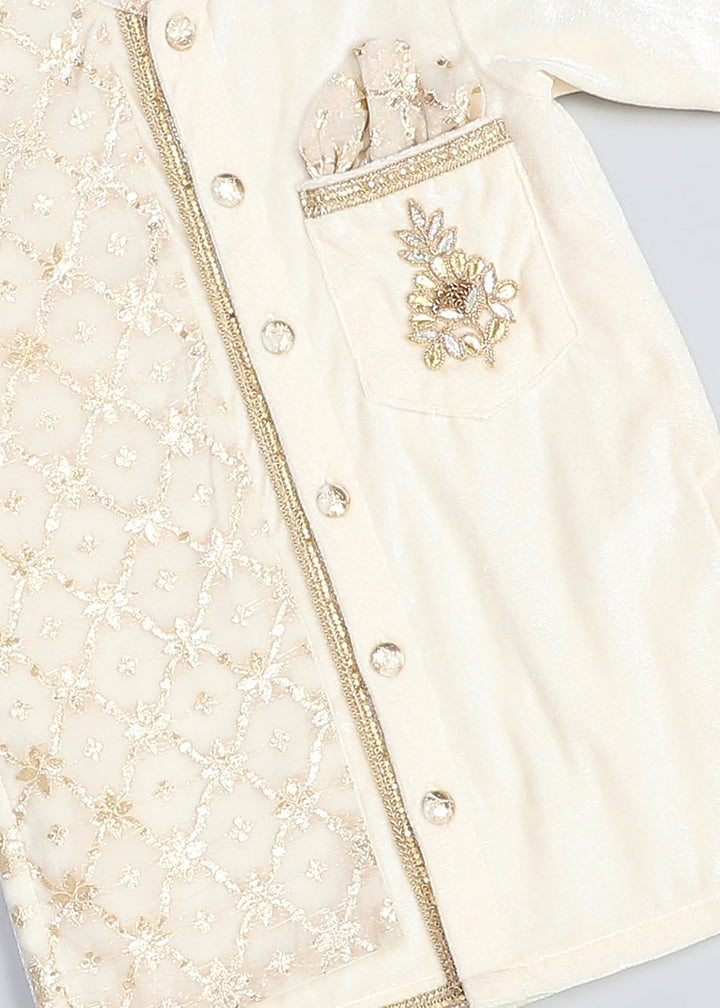 Off White Velvet Kurta With Chanderi Panel Set