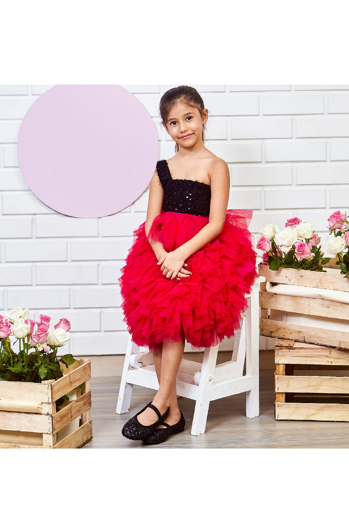 Black Sequins One Shoulder With Frill Detailing Dress