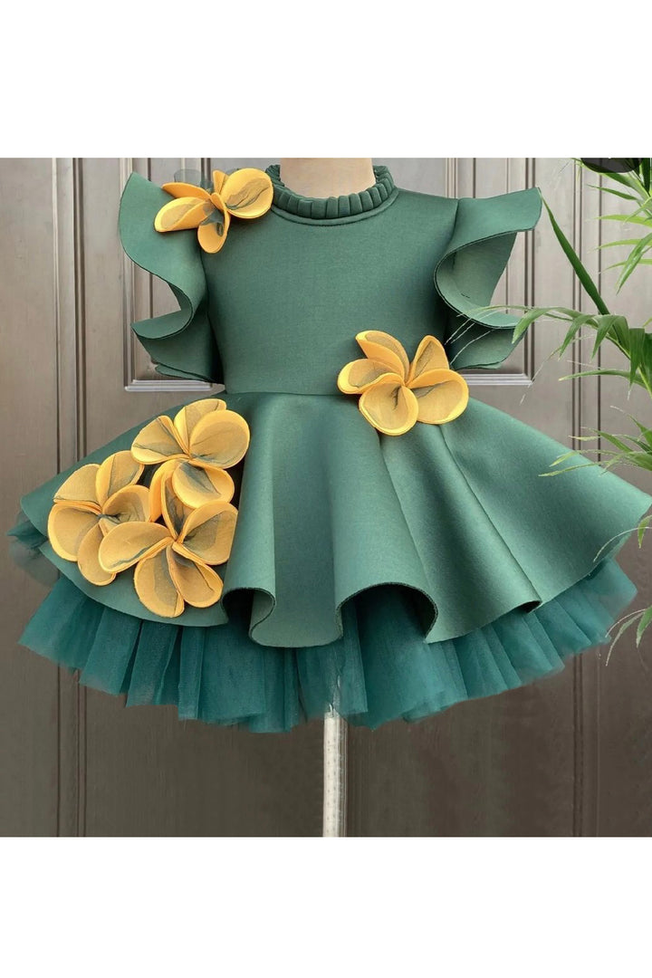 Yellow 3D Flowers Embellished Neoprene Dress