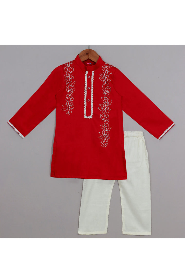 Red Floral Dori Work Cotton Satin Kurta With Pyjama Set