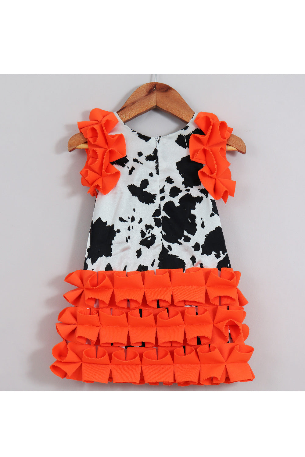 Neon Orange Cow Printed Ruffle Neoprene Dress