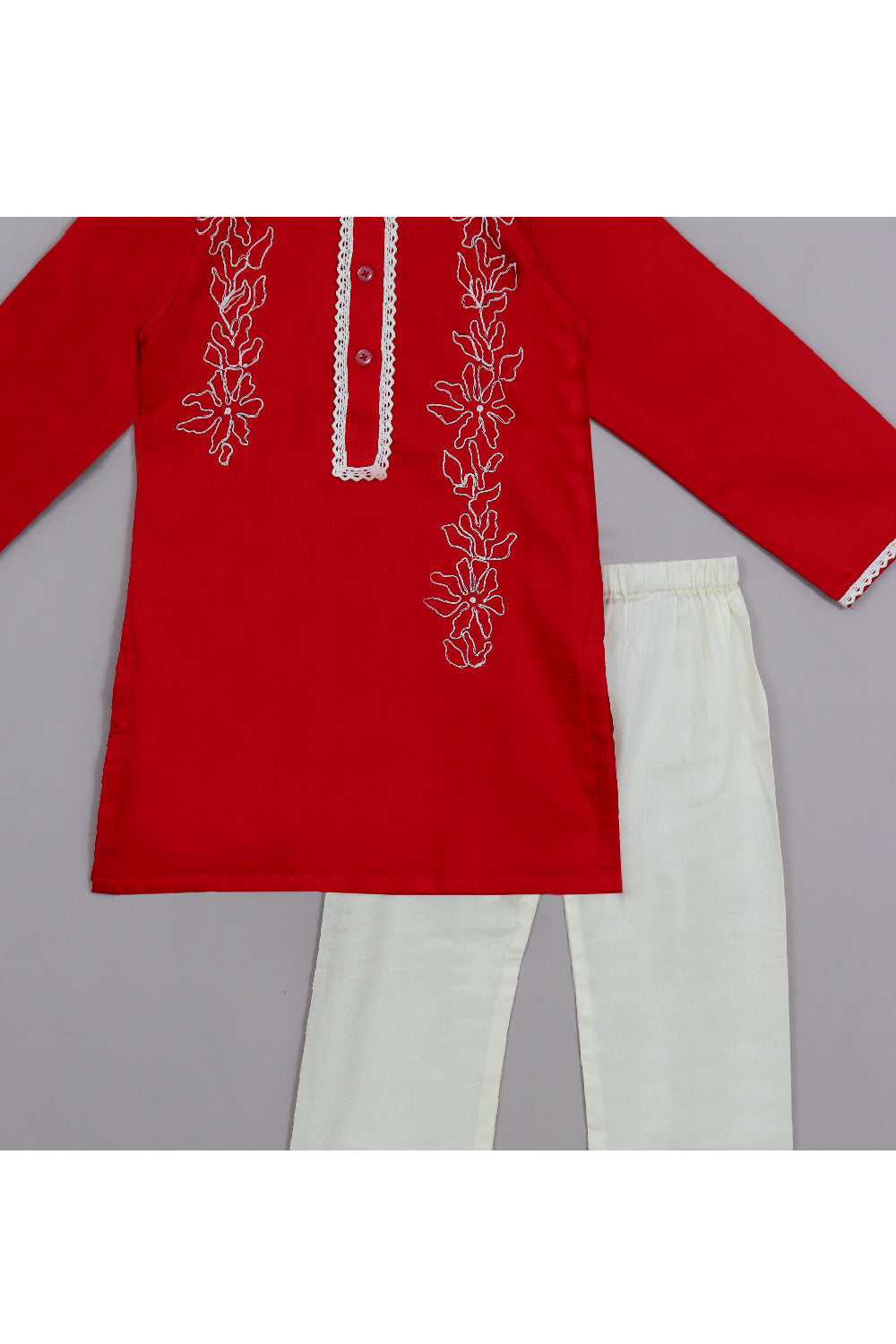 Red Floral Dori Work Cotton Satin Kurta With Pyjama Set