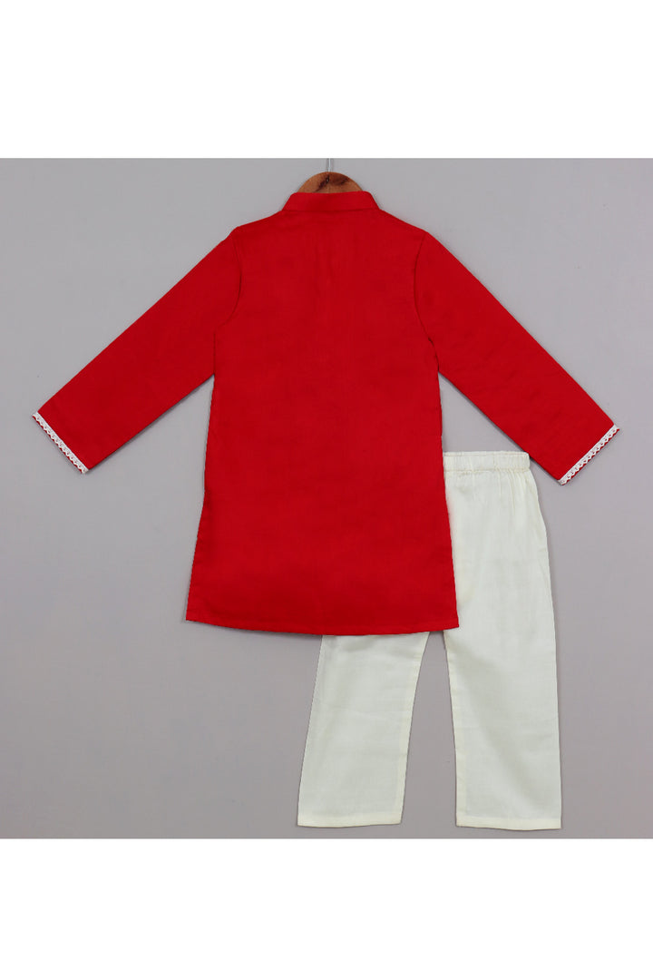 Red Floral Dori Work Cotton Satin Kurta With Pyjama Set