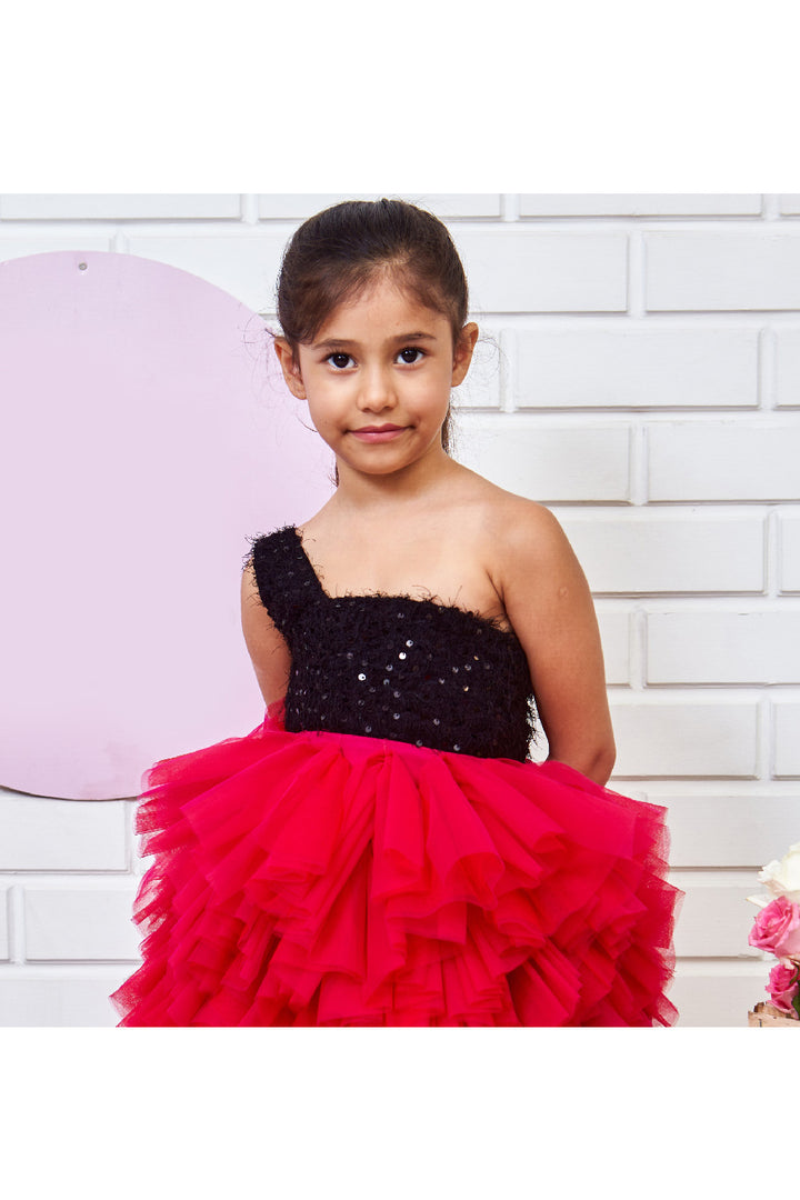 Black Sequins One Shoulder With Frill Detailing Dress