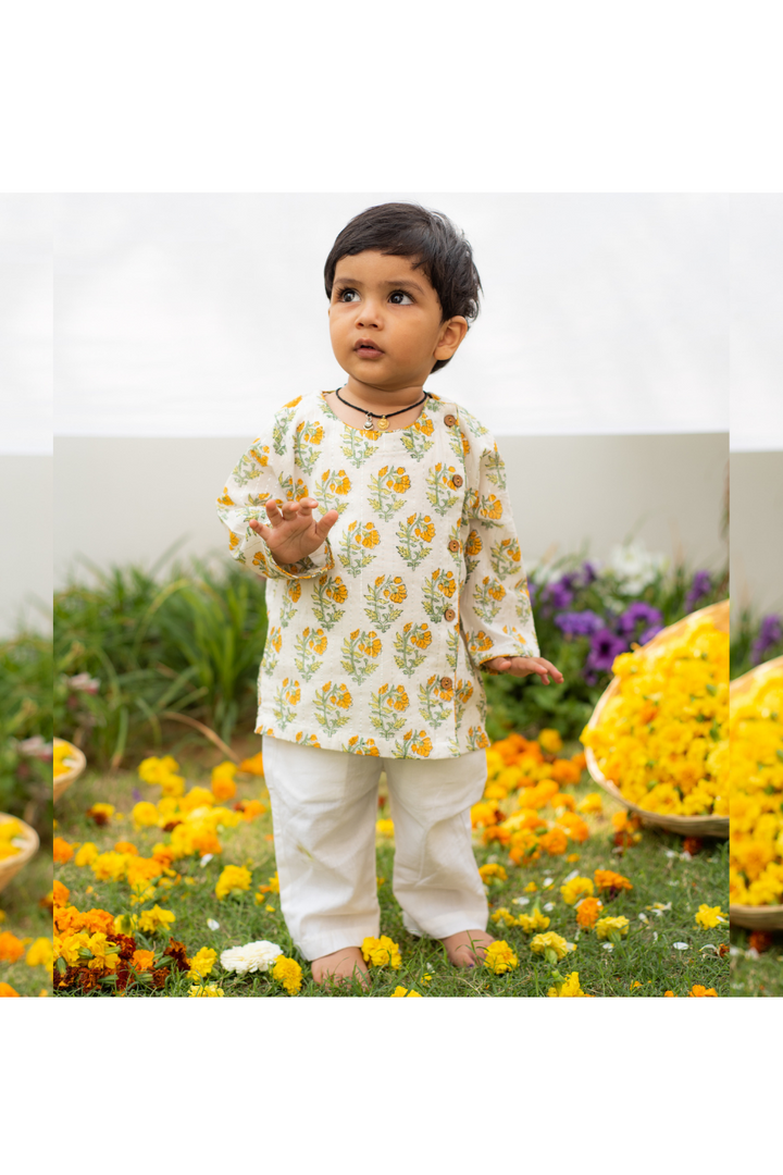 Yellow Marigold Printed Cotton Jamna Set For Boys
