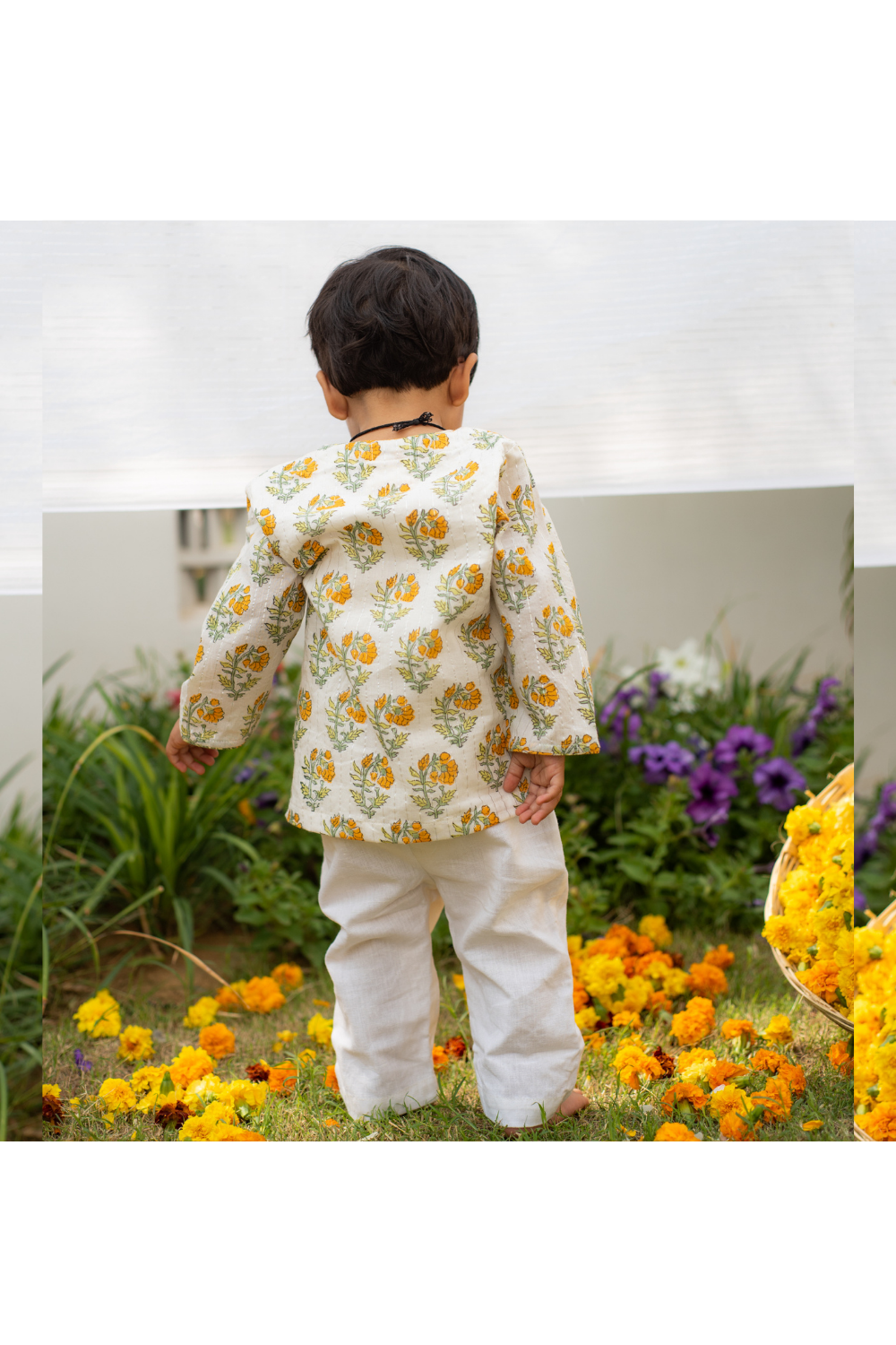 Yellow Marigold Printed Cotton Jamna Set For Boys