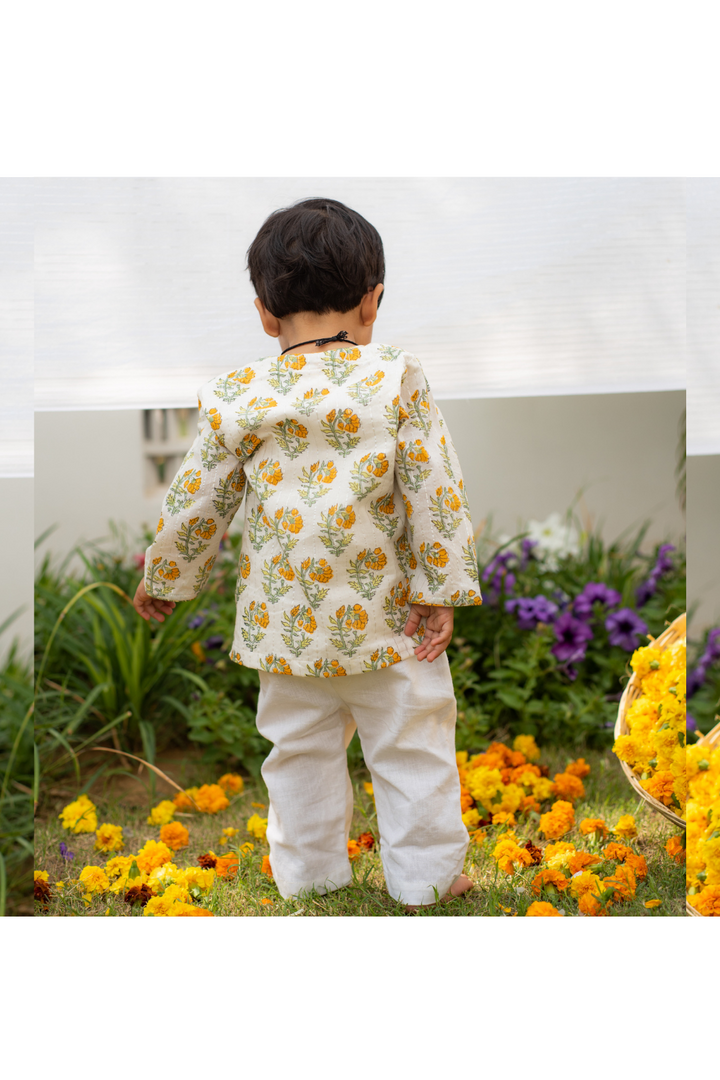 Yellow Marigold Printed Cotton Jamna Set For Boys