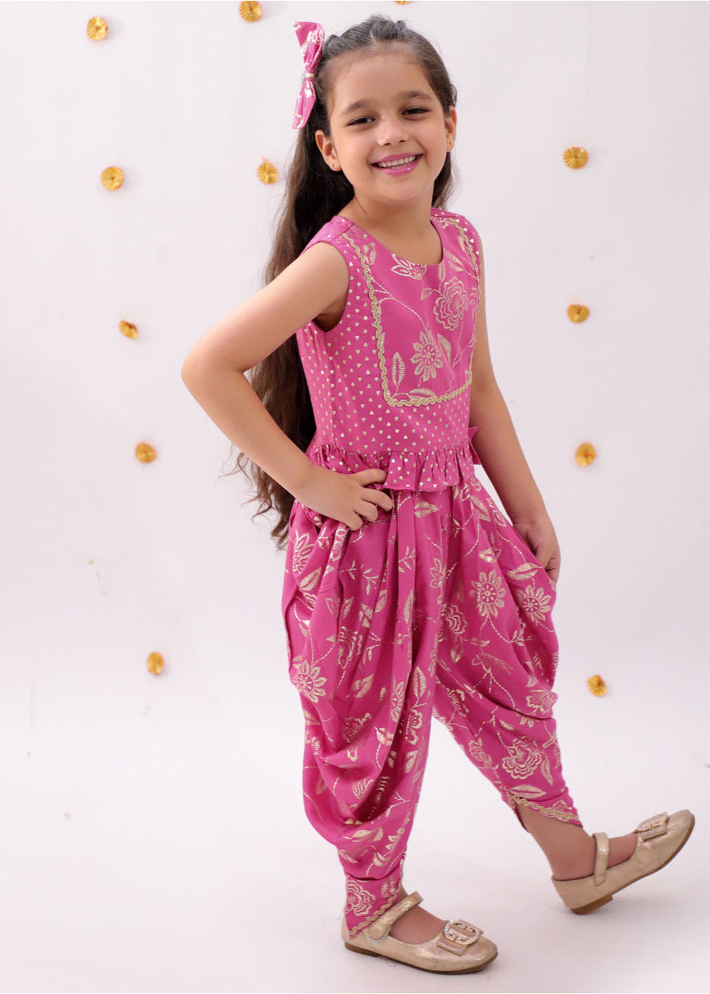 Pink Floral Printed Crop Top With Dhoti Set