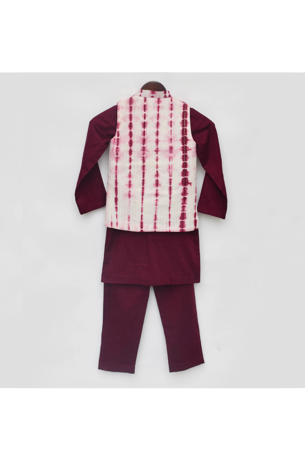 Maroon Cotton Kurta And Pant With Tie n Dye Nehru Jacket Set